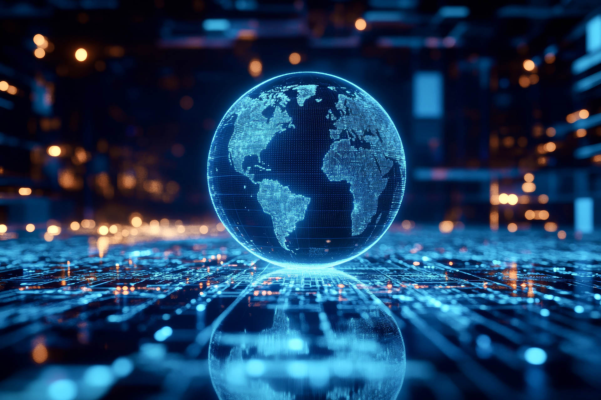 Blue holographic globe with world map and glowing data streams f